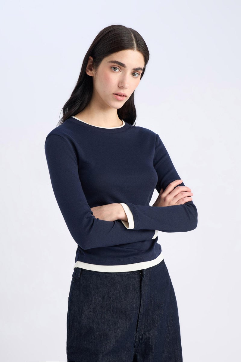 DeFacto Blue Woman Slim Fi Crew Neck Ribbed Long Sleeve T-Shirt Casual - Image 5